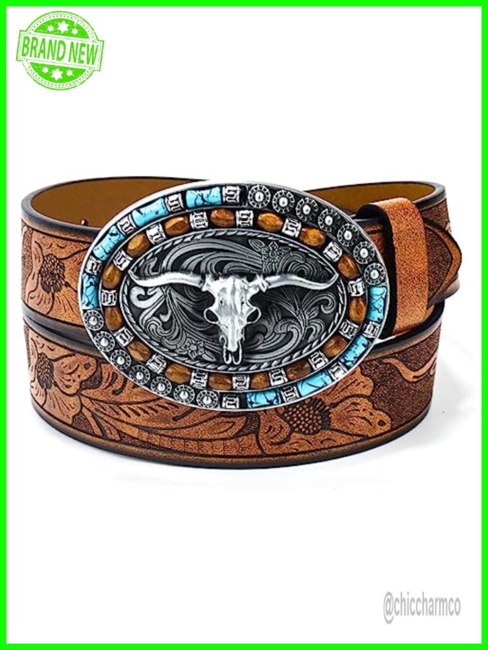 Leather Western Belt Turquoise Oval Buckle Embossed